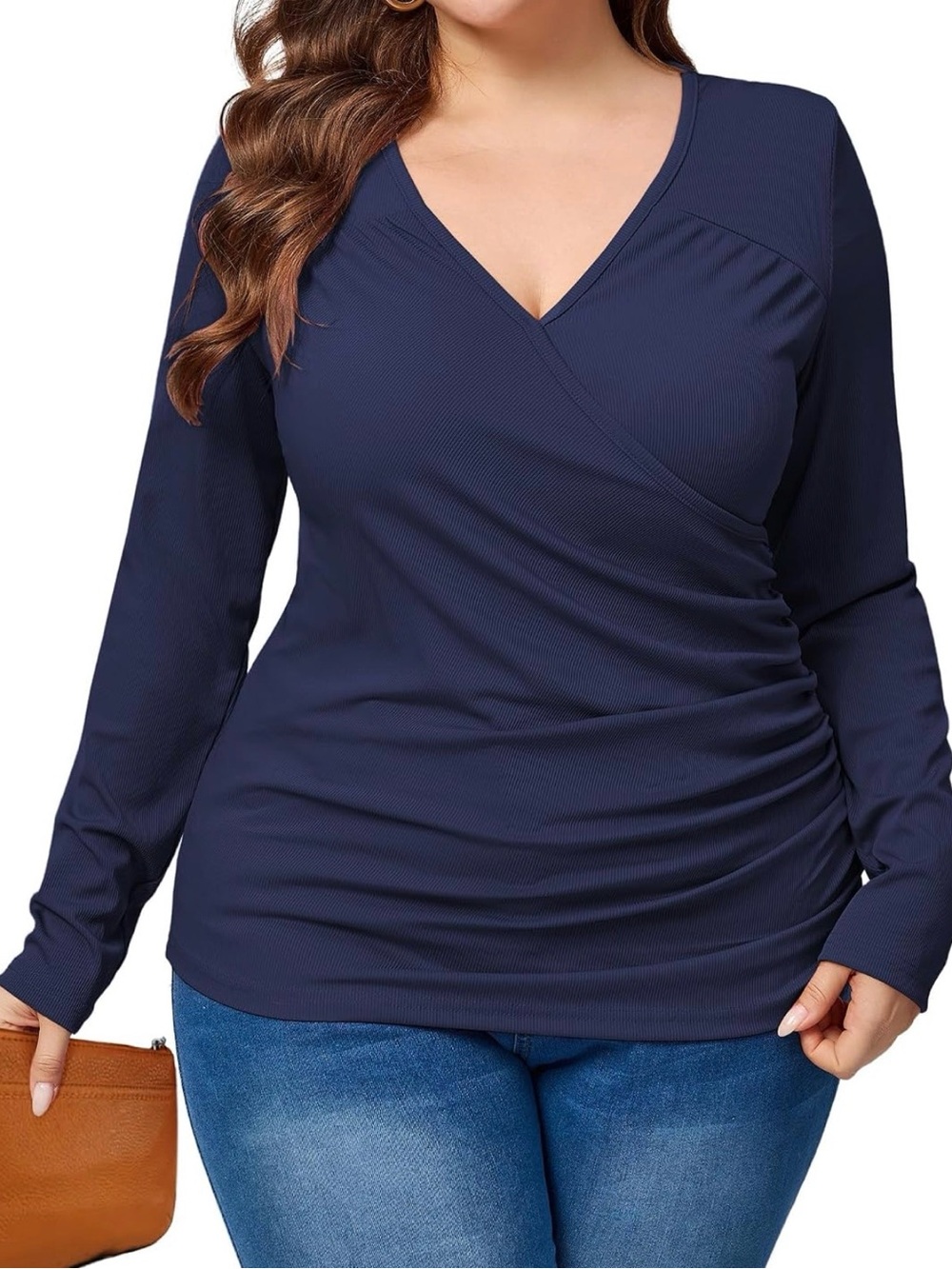 TAKEYAL Women's Navy Wrap-Style Long Sleeve Top